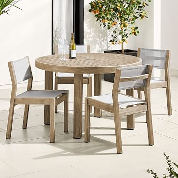 Portside Outdoor 48" Round Dining Table &amp; 4 Textilene Chairs Set, Driftwood - Image 0