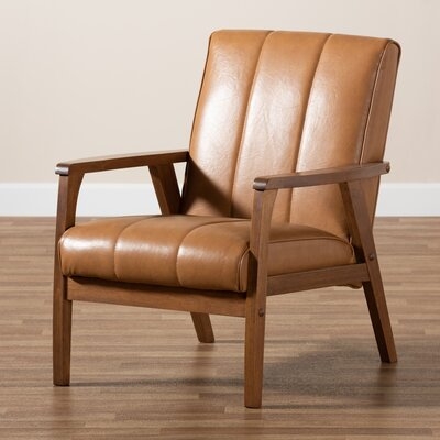 Kinley Mid-Century Modern Tan Faux Leather Upholstered And Walnut Brown Finished Wood Lounge Chair - Image 0