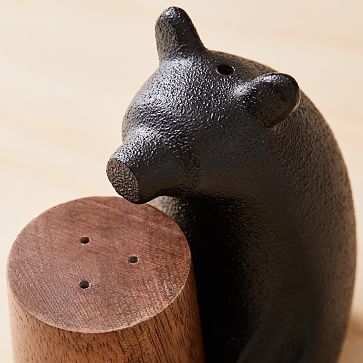 Bear Shaped Salt + Pepper Shaker, Metal + Wood, Set of 2 - Image 2