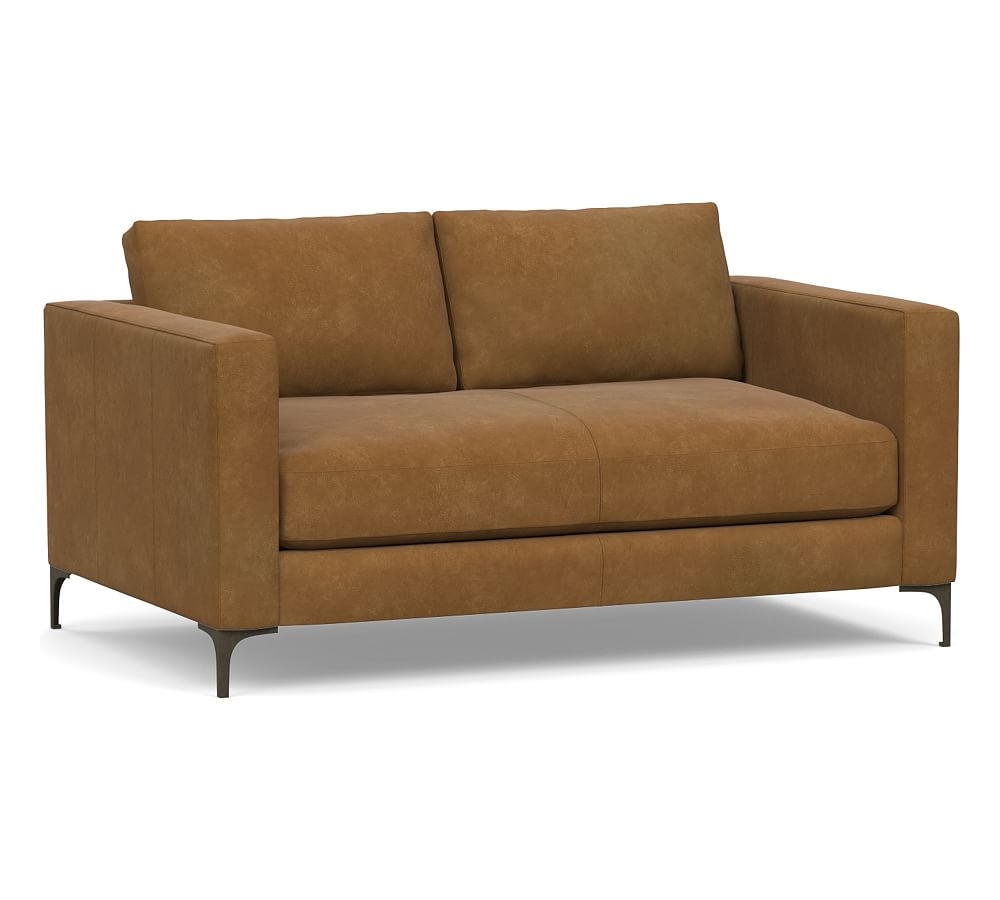 Jake Leather Apartment Sofa with Brushed Nickel Legs, Down Blend Wrapped Cushions, Nubuck Camel - Image 0
