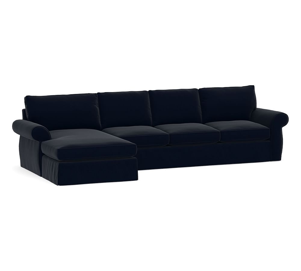 Pearce Roll Arm Slipcovered Right Arm Sofa with Double Chaise Sectional, Down Blend Wrapped Cushions, Performance Plush Velvet Navy - Image 0