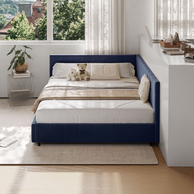 Reversible L-Shape Upholstered Platform Bed With Velvet Fabric Design