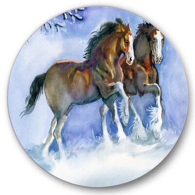 Horses Running In Winter - Farmhouse Metal Circle Wall Art - Image 0