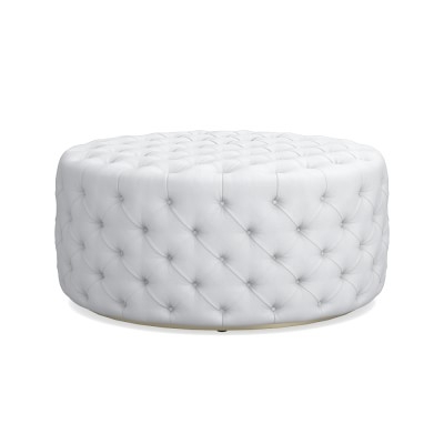 Deep Tufted 42" Round Ottoman, Perennials Performance Chenille Weave, Ivory - Image 1