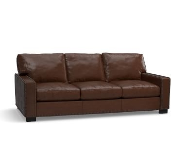 Turner Square Arm Leather Sofa 2-Seater 85.5" with Nailheads, Down Blend Wrapped Cushions Churchfield Chocolate - Image 1