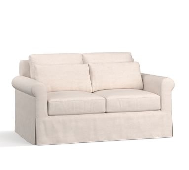 York Roll Arm Slipcovered Deep Seat Loveseat 62" with Bench Cushion, Down Blend Wrapped Cushions, Performance Brushed Basketweave Chambray - Image 2
