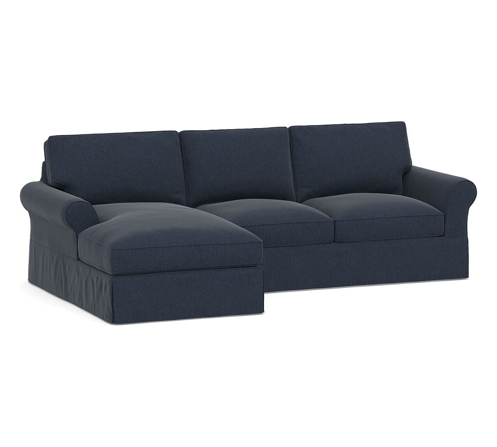 PB Comfort Roll Arm Slipcovered Right Arm Loveseat with Chaise Sectional, Box Edge Down Blend Wrapped Cushions, Sunbrella(R) Performance Chenille Indigo - Image 0