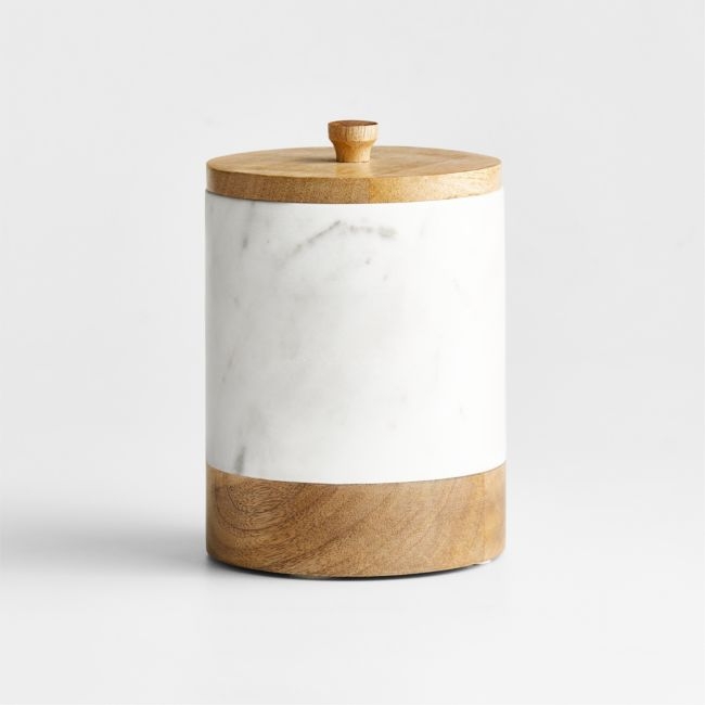 Medium White Marble Canister with Wood Lid - Image 0