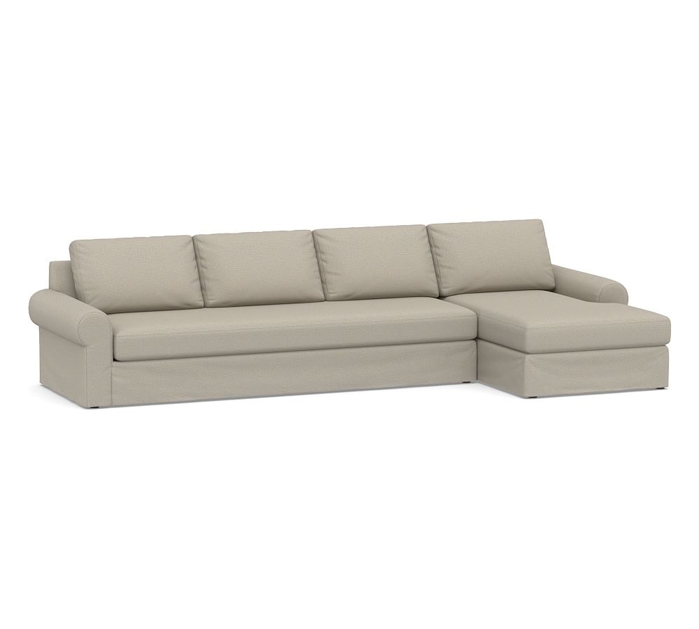 Big Sur Roll Arm Slipcovered Left Arm Grand Sofa with Chaise Sectional and Bench Cushion, Down Blend Wrapped Cushions, Performance Boucle Fog - Image 0