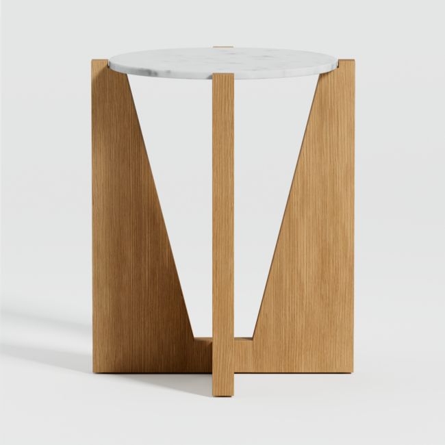 Miro White Marble Round End Table with Natural White Oak Wood Base - Image 0