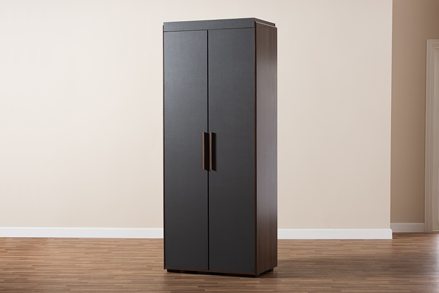 Rikke Modern and Contemporary Two-Tone Gray and Walnut Finished Wood 7-Shelf Wardrobe Storage Cabinet - Image 10