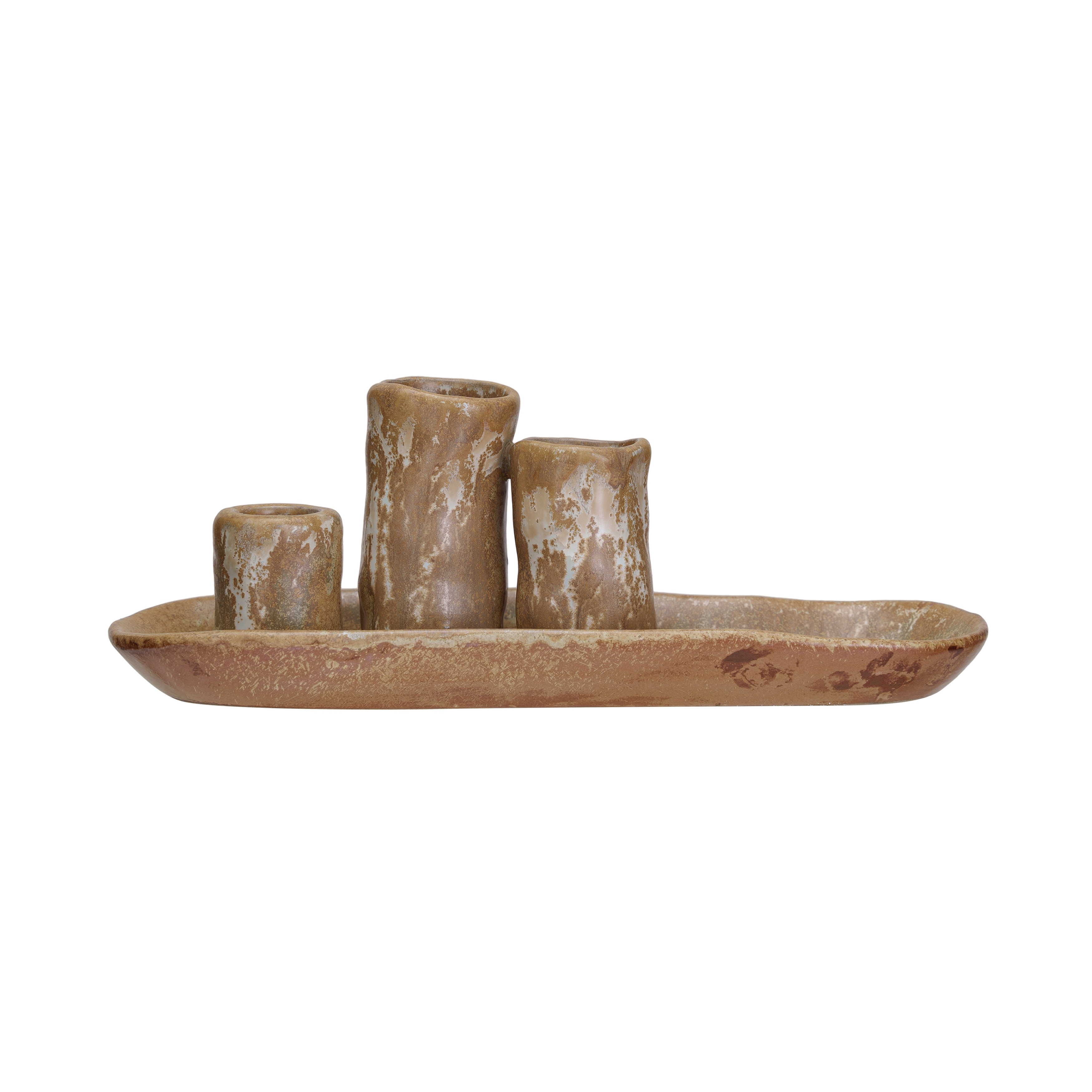 Stoneware Vases and Candle Holder on Tray, Brown - Image 0