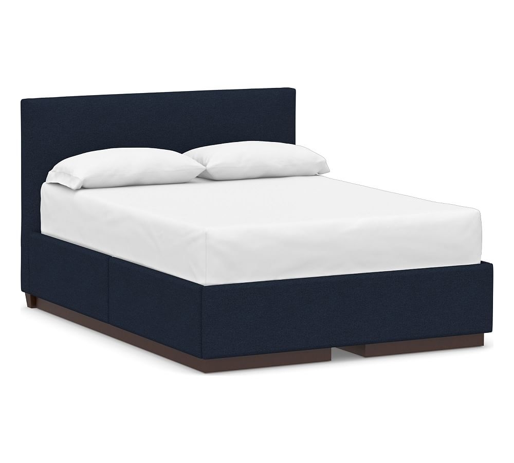 Raleigh Square Upholstered Low Headboard and Side Storage Platform Bed & without Nailheads, Full, Performance Heathered Basketweave Navy - Image 0