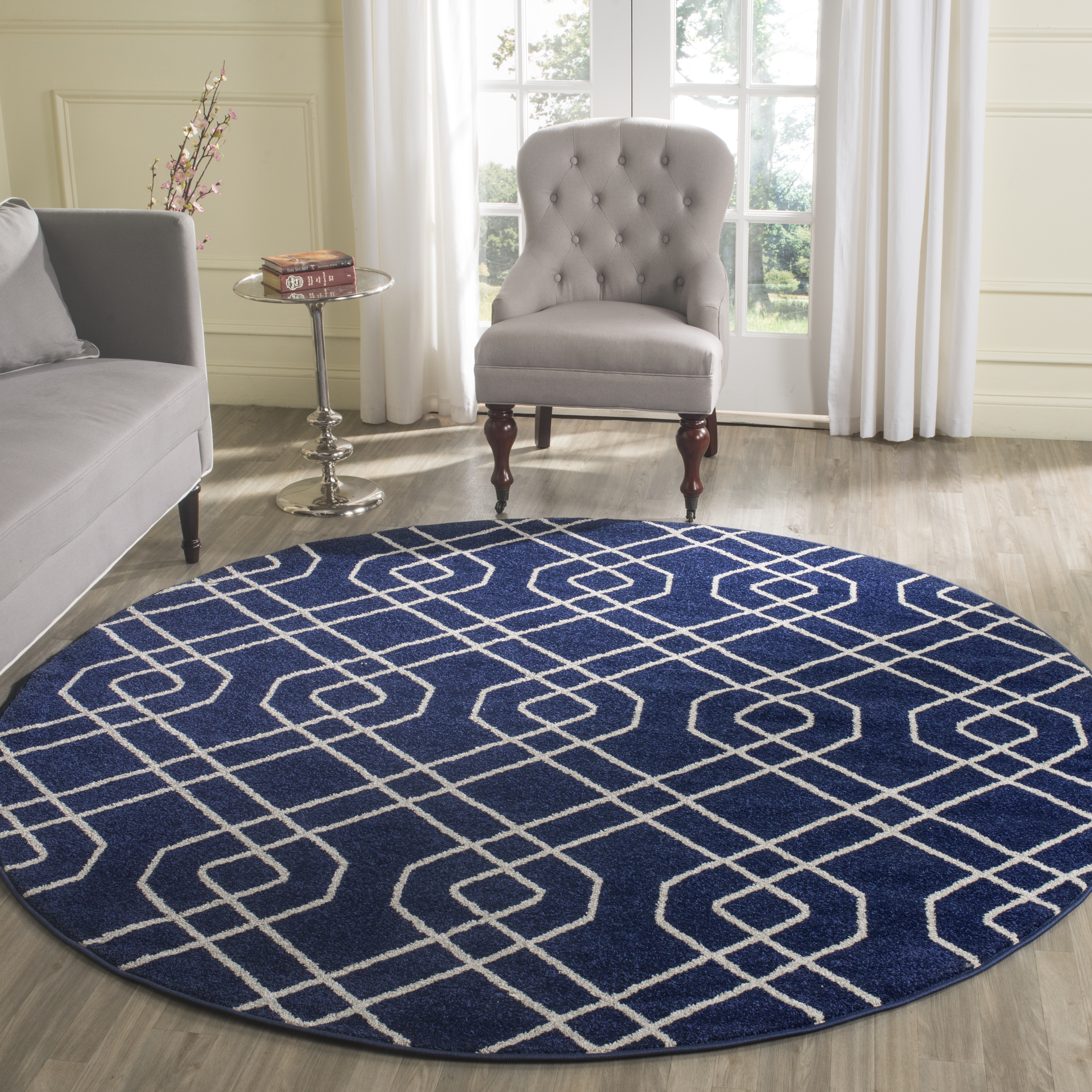Arlo Home Indoor/Outdoor Woven Area Rug, AMT407P, Navy/Beige,  7' X 7' Round - Image 1