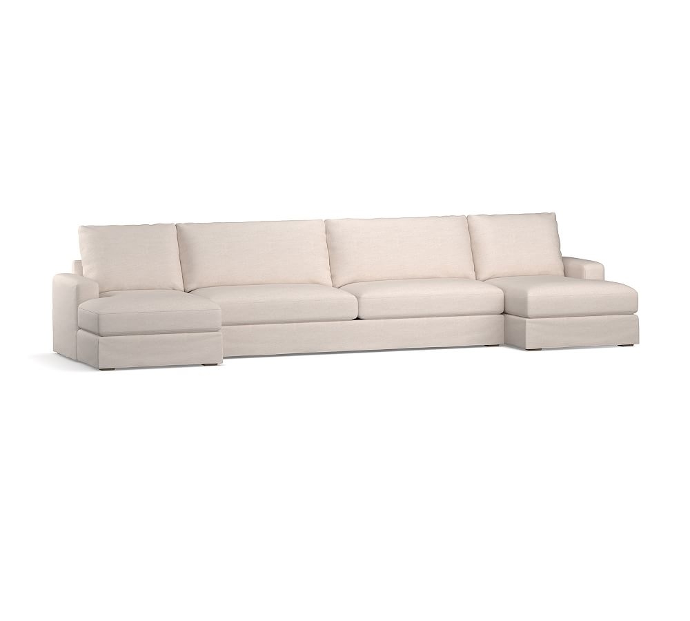 Canyon Square Arm Slipcovered U-Chaise Loveseat Sectional, Down Blend Wrapped Cushions, Performance Brushed Basketweave Chambray - Image 0