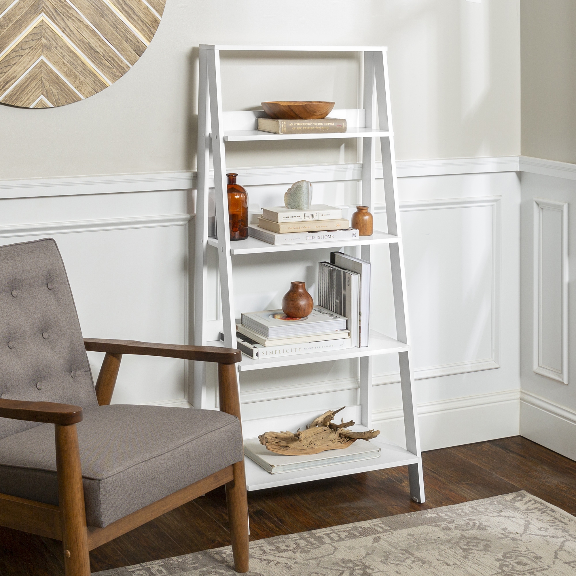 55" Modern Wood Ladder Bookshelf - White - Image 4