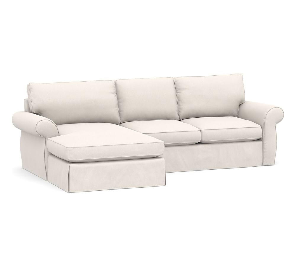 Pearce Roll Arm Slipcovered Right Arm Loveseat with Double Wide Chaise Sectional, Down Blend Wrapped Cushions, Sunbrella(R) Performance Chenille Salt - Image 0