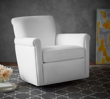 Irving Roll Arm Upholstered Swivel Glider, Polyester Wrapped Cushions, Performance Heathered Basketweave Alabaster White - Image 1