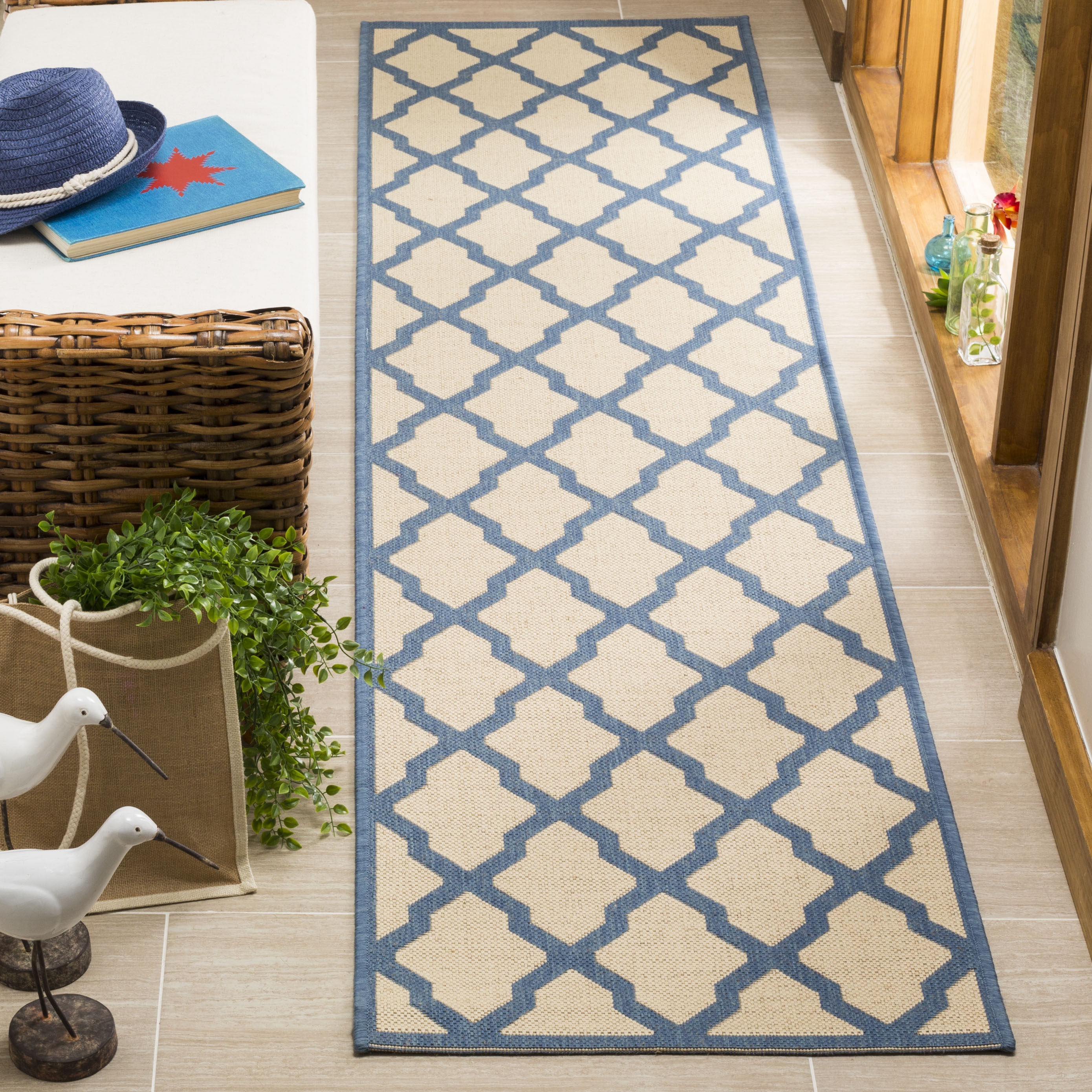 Arlo Home Indoor/Outdoor Woven Area Rug, LND122N, Cream/Blue,  2' X 8' - Image 1