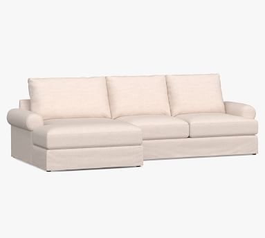 Canyon Roll Arm Slipcovered Left Arm Sofa with Double Chaise Sectional, Down Blend Wrapped Cushions, Performance Heathered Basketweave Dove - Image 1