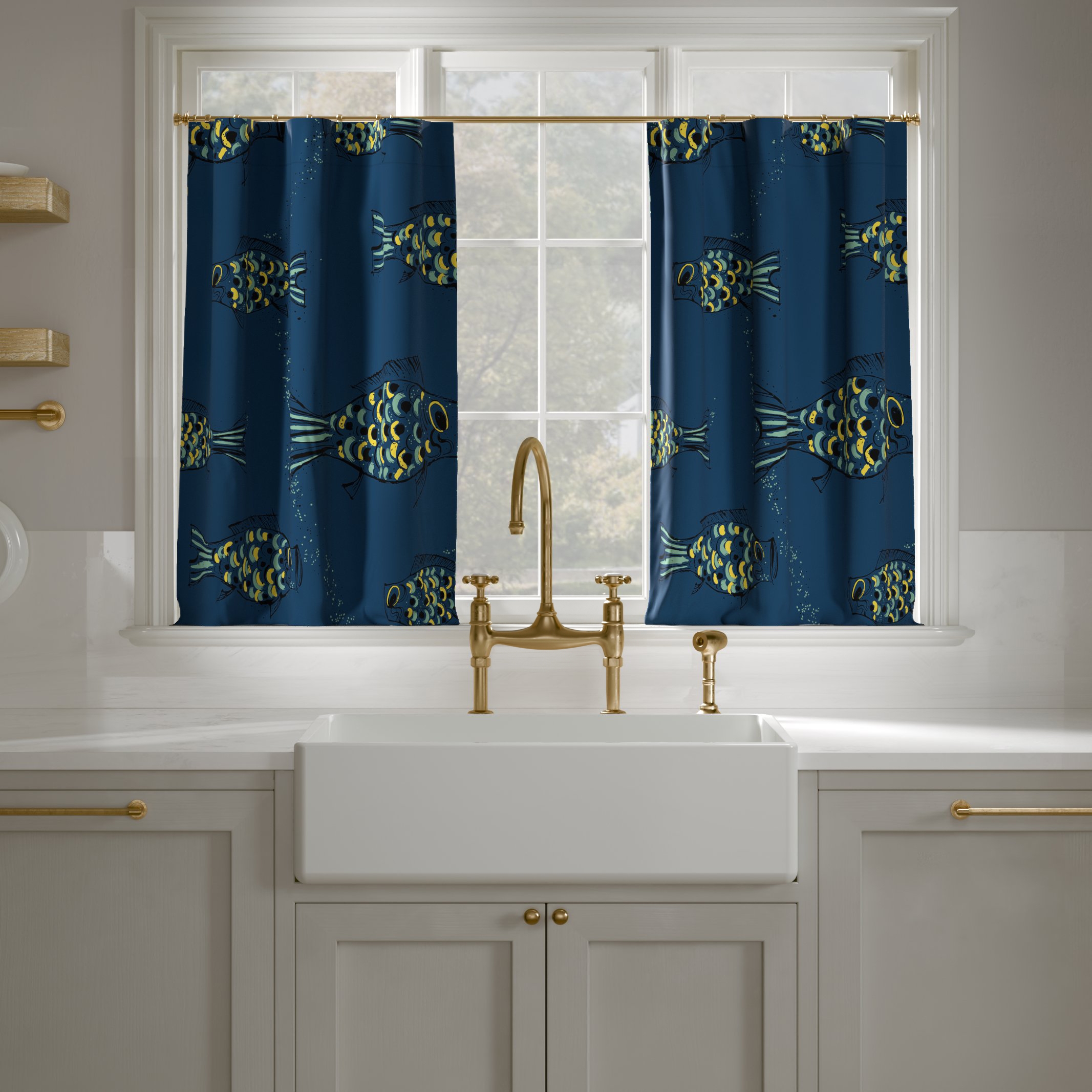 Printed Linen Café Curtain, Indigo Sakana, 25" x 24", Privacy - Image 0