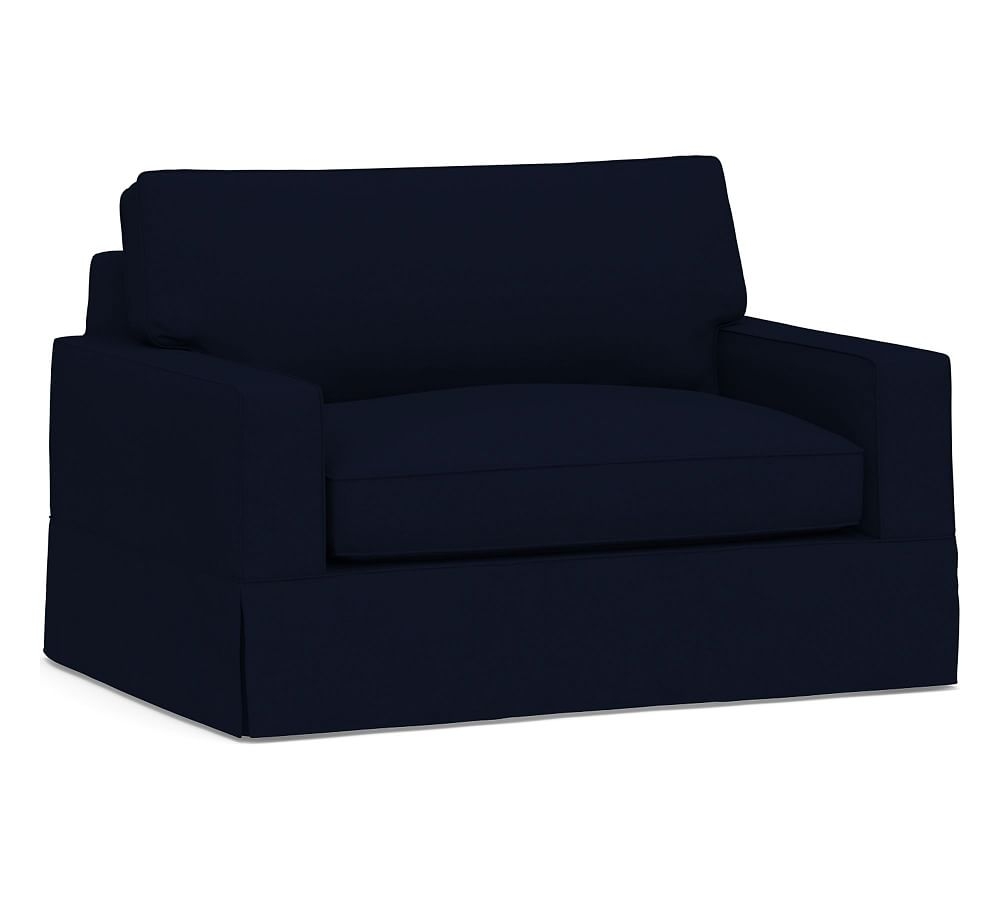 PB Comfort Square Arm Upholstered Twin Sleeper Sofa, Box Edge, Memory Foam Cushions, Performance Everydaylinen(TM) Navy - Image 0