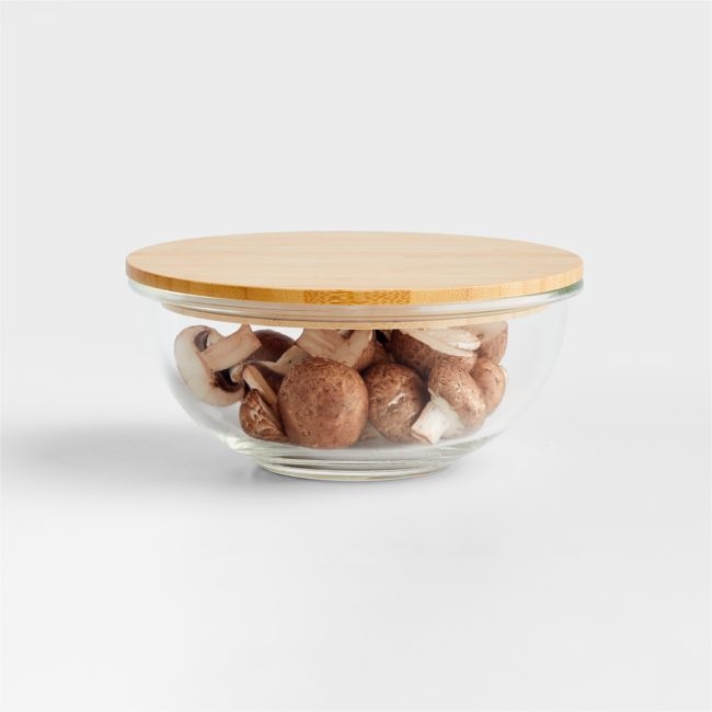 Crate & Barrel Small Glass Mixing Bowl with Bamboo Lid - Image 0