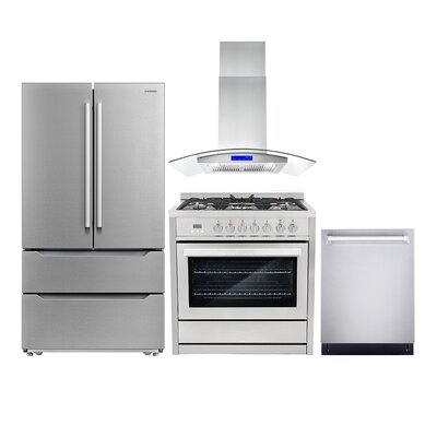 4 Piece Kitchen Package With 36" Freestanding Dual Fuel Range 36" Island Range Hood 24" Built-in Fully Integrated Dishwasher & Energy Star French Door Refrigerator - Image 0