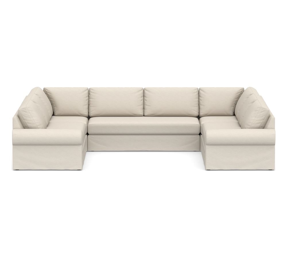 Big Sur Roll Arm Slipcovered U-Sofa Sectional with Bench Cushion, Down Blend Wrapped Cushions, Performance Slub Cotton Stone - Image 0