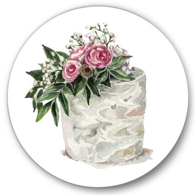 Pink Roses And White Flowers On Cake - Traditional Metal Circle Wall Art - Image 0