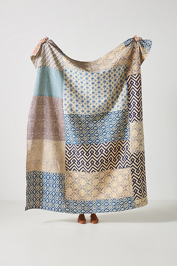 Kantha-Stitched Throw Blanket By Artisan Quilts by Anthropologie in Blue - Image 0