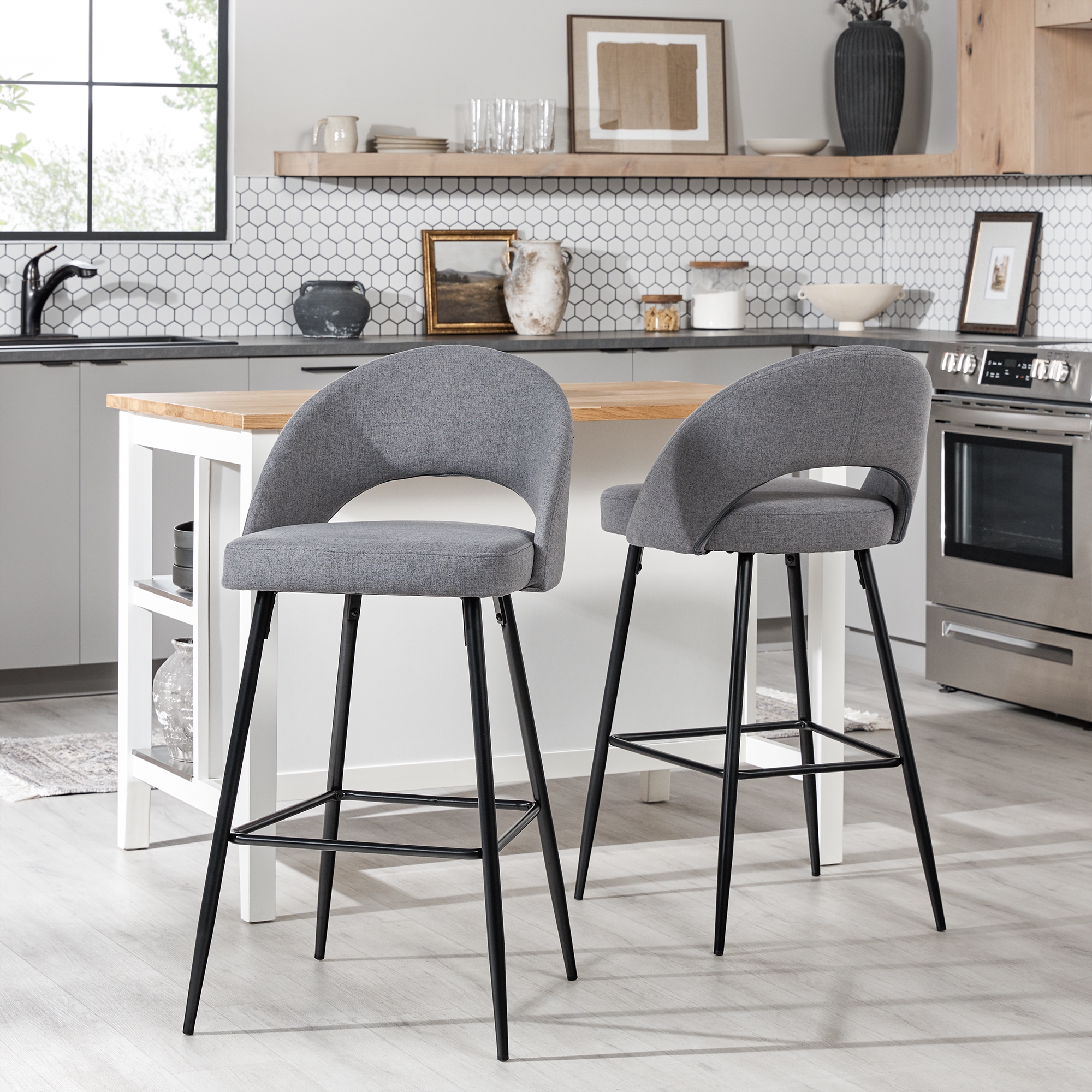 Modern 2-Piece Minimalist Upholstered Bar Stool Set – Charcoal - Image 3