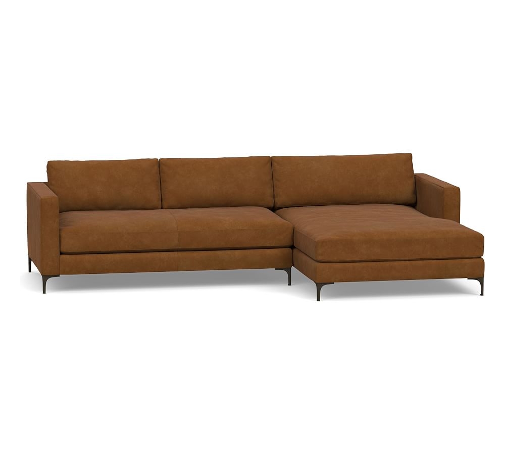 Jake Leather Left Arm Loveseat with Wide Chaise Sectional, Bench Cushion and Bronze Legs, Down Blend Wrapped Cushions, Nubuck Caramel - Image 0