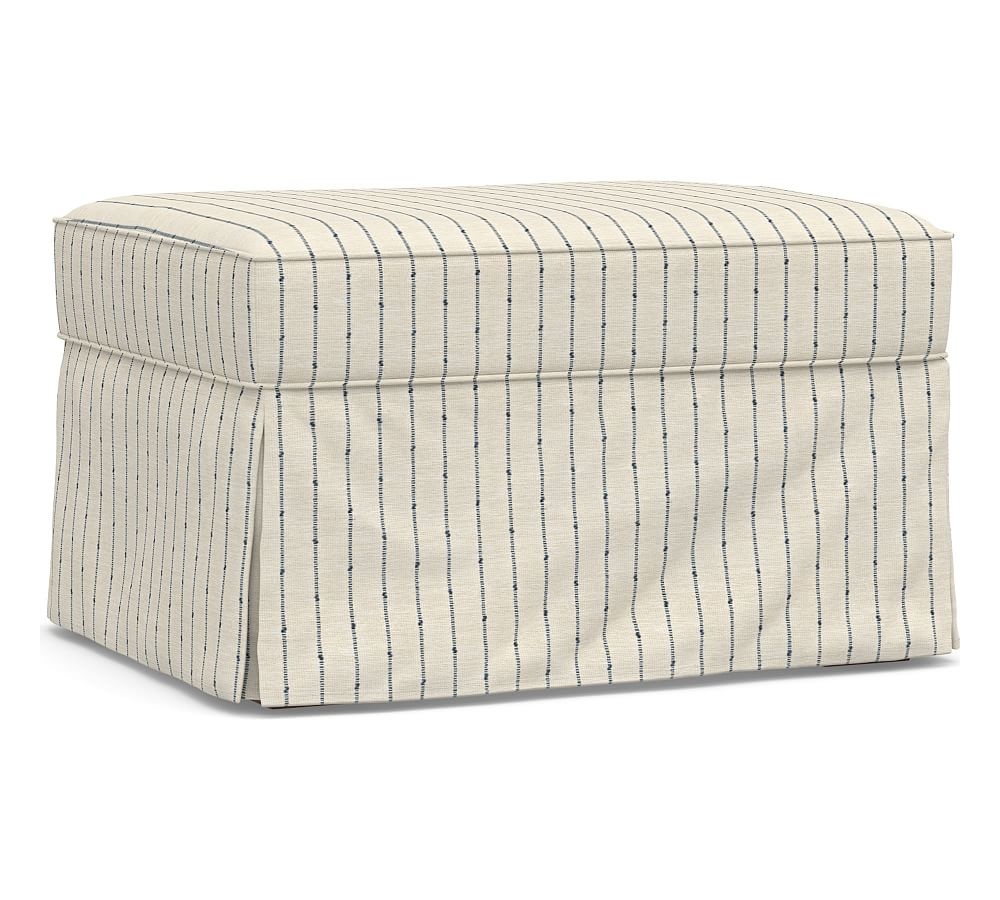 PB English Upholstered Ottoman, Polyester Wrapped Cushions, Slubby Pinstripe Blue - Image 0