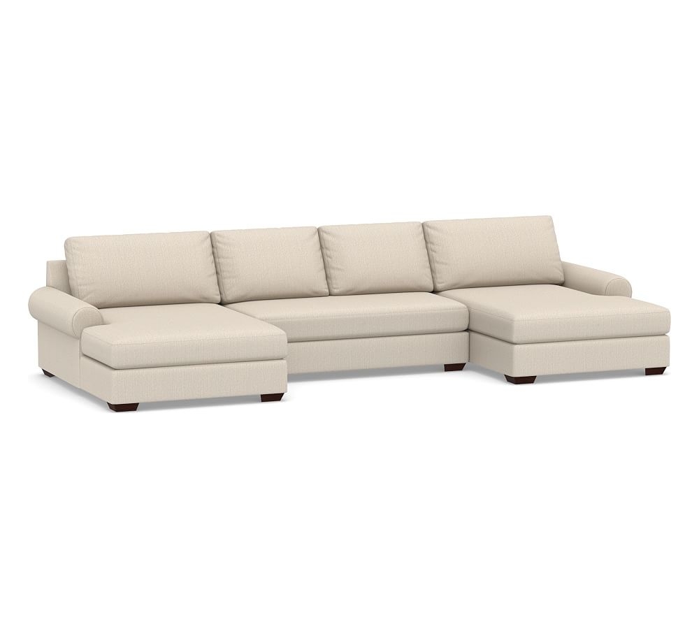 Big Sur Roll Arm Upholstered U-Double Chaise Loveseat Sectional with Bench Cushion, Down Blend Wrapped Cushions, Sunbrella(R) Performance Herringbone Oatmeal - Image 0