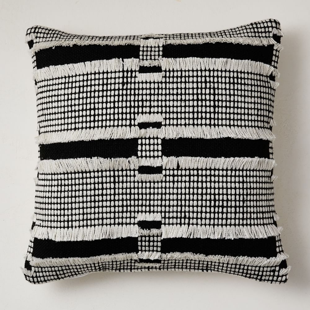 Outdoor Fringe Stripe Pillow, 20"x20", Black - Image 0