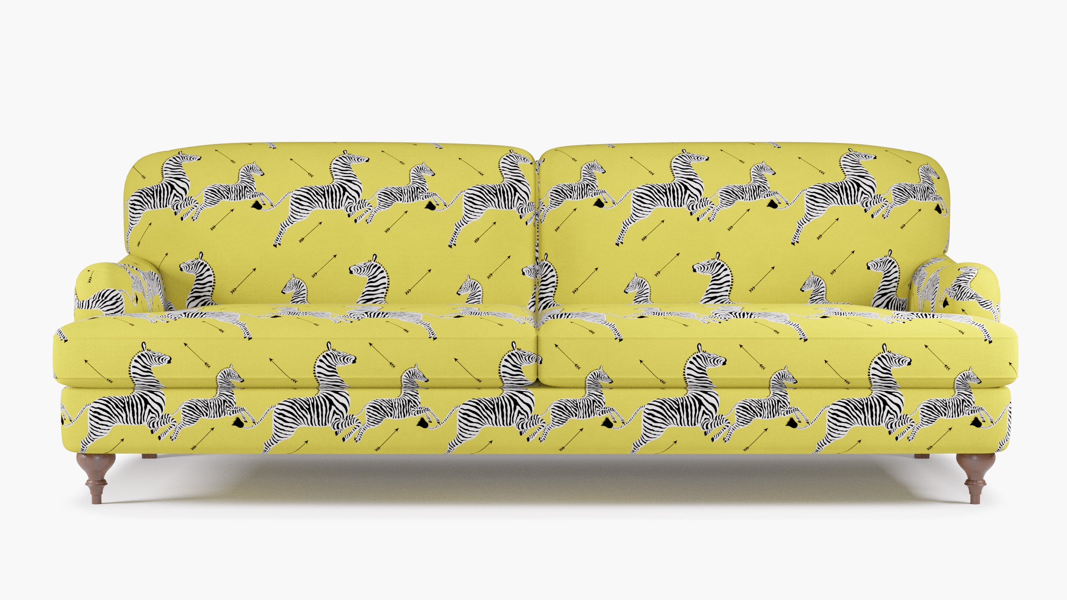 English Roll Arm Sofa, Yellow Zebra, Walnut Turned Wood Leg - Image 0