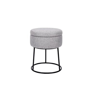 Ebern Designs Grey Linen Storage Stool With Black Base - Vanity Seat - Soft Compact Round Padded Seat - Bedroom And Kids Room Chair - Black Metal Legs Rest - Image 0