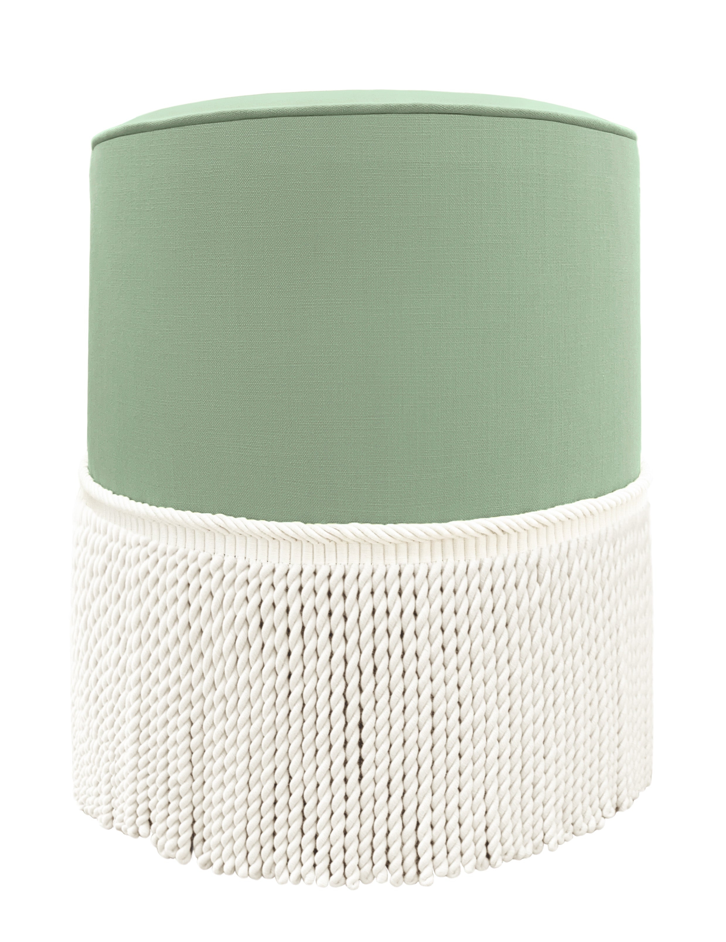 THE TIGHT ROUND OTTOMAN :: CLASSIC LINEN // EUCALYPTUS + BULLION FRINGE - 17" Diameter X 19" Height / Eucalyptus - Image 1