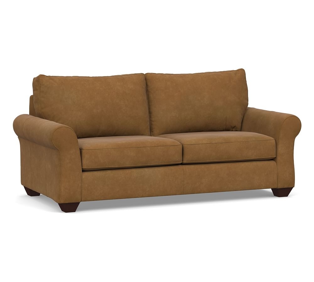 PB Comfort Roll Arm Leather Sofa 83.5", Polyester Wrapped Cushions, Nubuck Camel - Image 0
