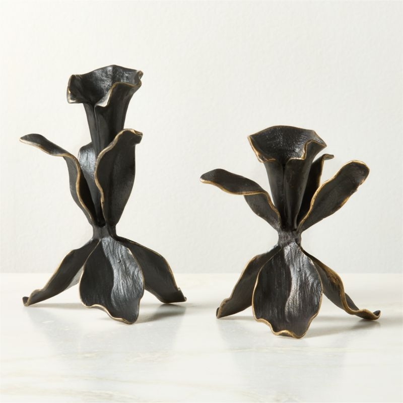 Iris Blackened Brass Taper Candle Holders Set of 2 - Image 1
