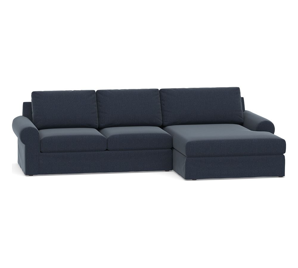 Big Sur Roll Arm Slipcovered Left Arm Loveseat with Double Chaise Sectional, Down Blend Wrapped Cushions, Sunbrella(R) Performance Chenille Indigo - Image 0
