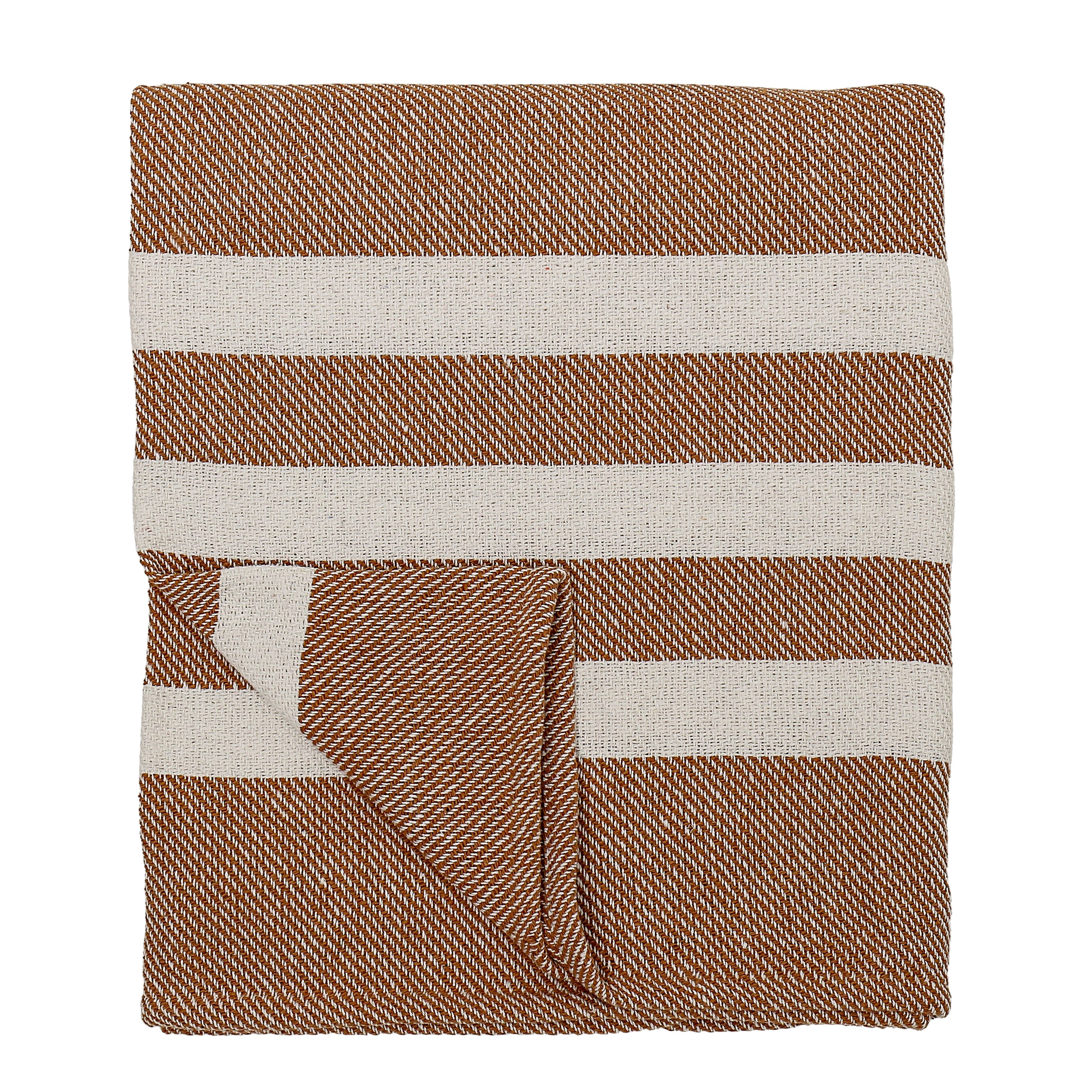 Recycled Cotton Knit Throw with White Stripes, Rust - Image 0