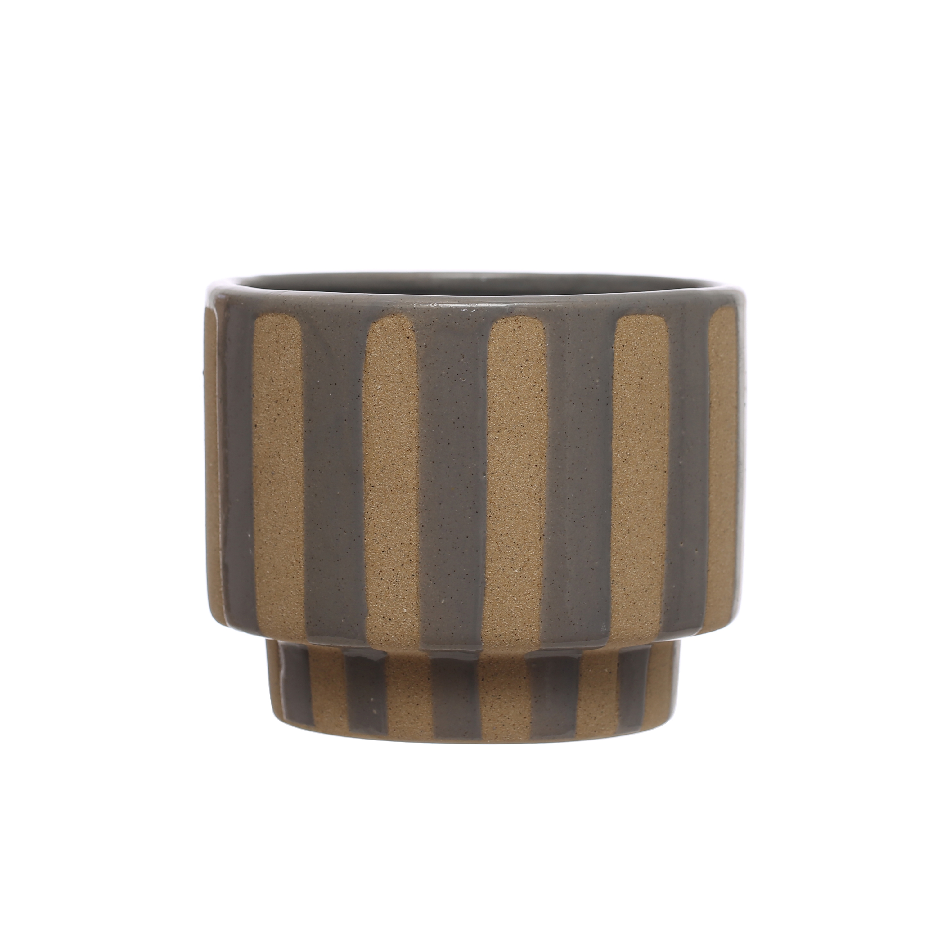 5.5 Inches Round Stoneware Planter with Wax Relief Stripes, Holds 4 Inches Pot, Lilac Color and Brown - Image 0