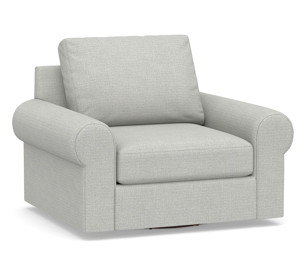 Big Sur Roll Arm Upholstered Swivel Armchair, Down Blend Wrapped Cushions, Basketweave Slub Ash - Image 0
