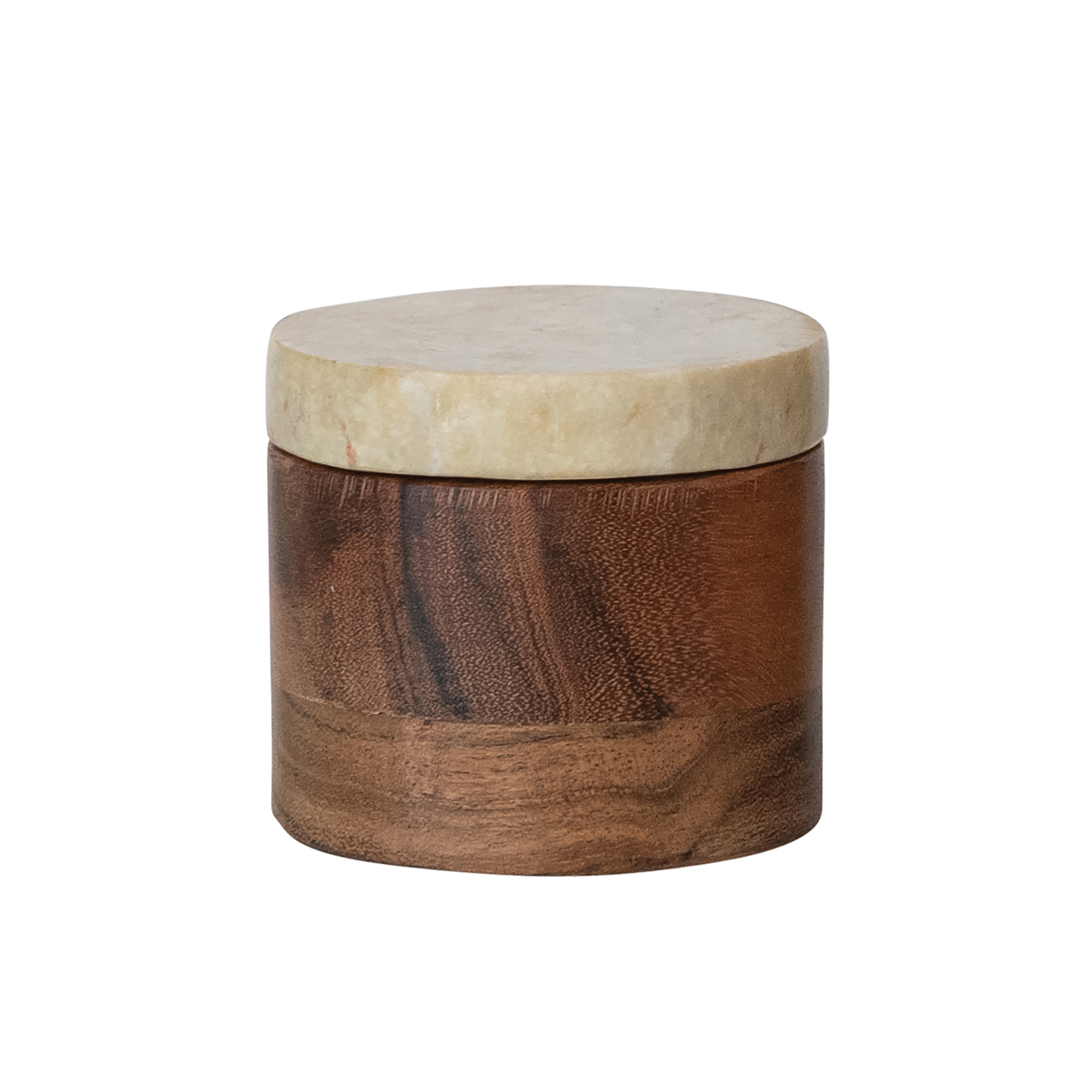 Round Acacia Wood Container with Marble Lid, Natural and Yellow Mélanges - Image 0