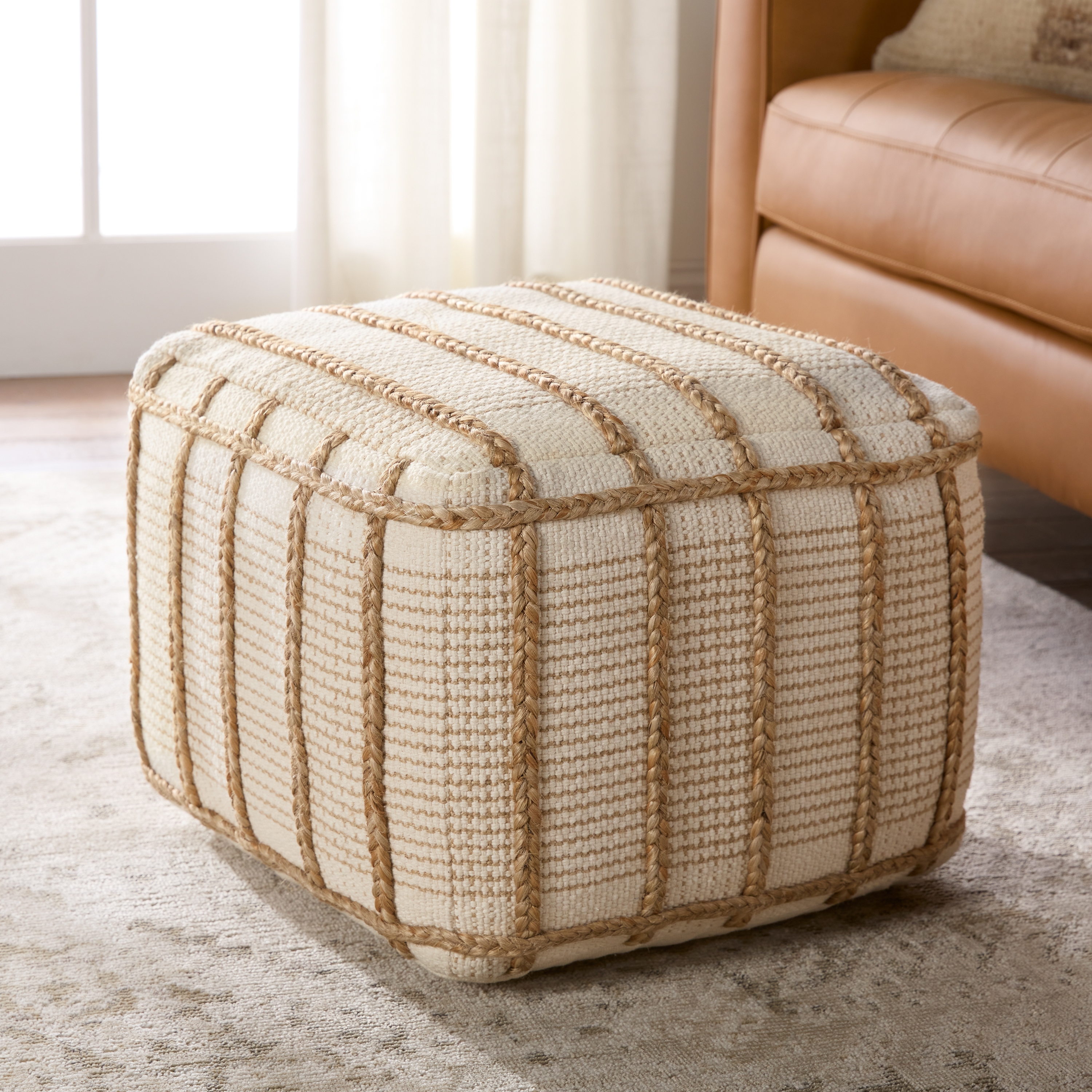 Vibe by Remsen Handmade Striped Tan/ Cream Cylinder Pouf - Image 2