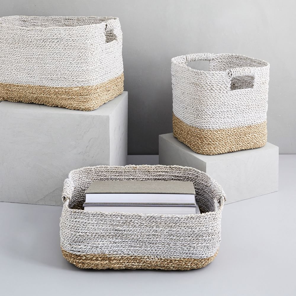 Two-Tone Woven Baskets, Natural + White, Set of 3 - Image 0