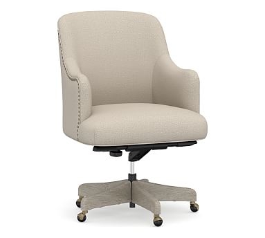 Reeves Upholstered Swivel Desk Chair, Gray Wash Base, Performance Chateau Basketweave Oatmeal - Image 0
