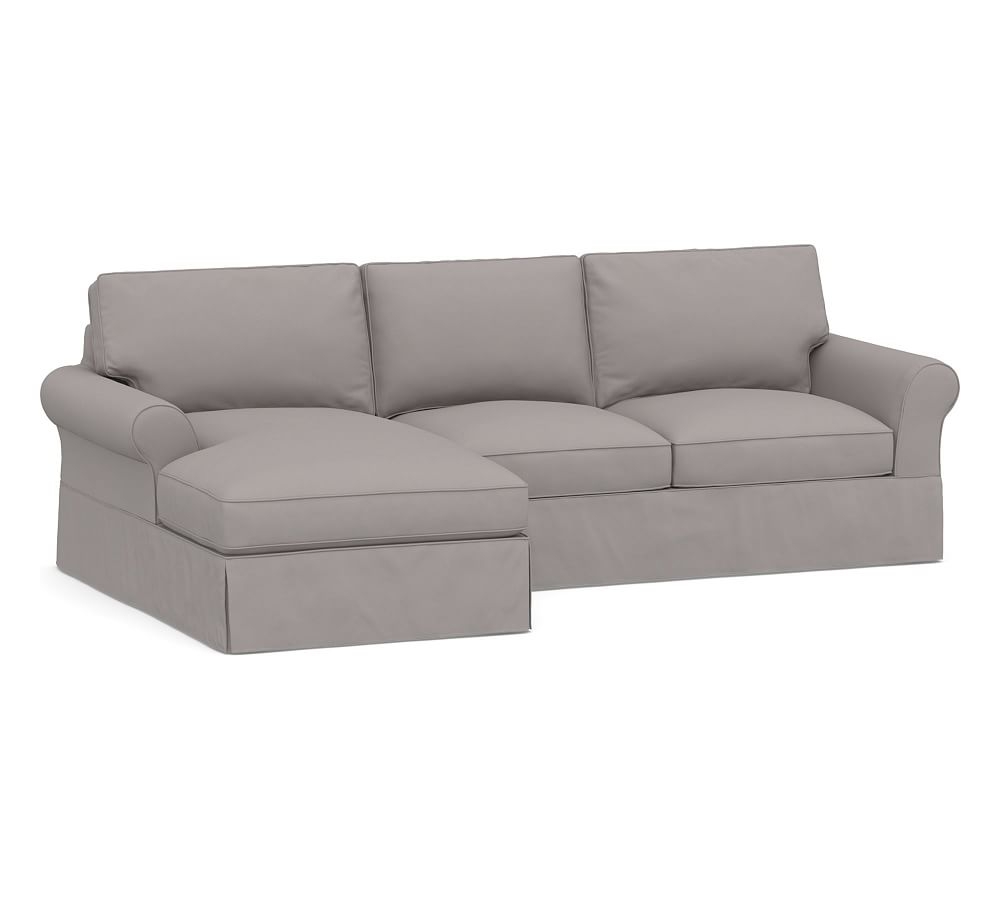 PB Comfort Roll Arm Slipcovered Right Arm Loveseat with Chaise Sectional, Box Edge Memory Foam Cushions, Performance Twill Metal Gray - Image 0